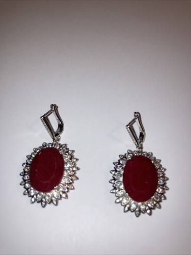 Large Oval Natural Ruby White CZ Clustered Halo Drop Leverback Earrings - Picture 6 of 6