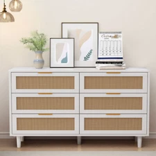 51.18" White Rattan Storage Cabinet - 6-Drawer Multi-Functional Organizer