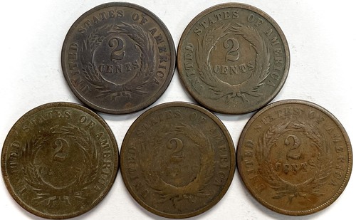 (5) 1864 - 1868 UNITED STATES 2 CENTS CIRCULATED COIN LOT - Picture 2 of 2