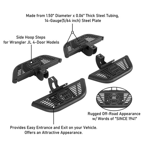 Hooke Road 4 piezas peldaños de aro laterales con ajuste desde 1941 Jeep Wrangler JL 4 puertas 18-25 - Imagen 8 de 14