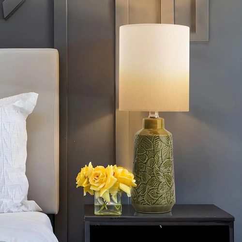 Ceramic Table Lamp Set of 2 18" Modern Farmhouse Bedside Lamps with Leaf Pattern - Picture 9 of 13