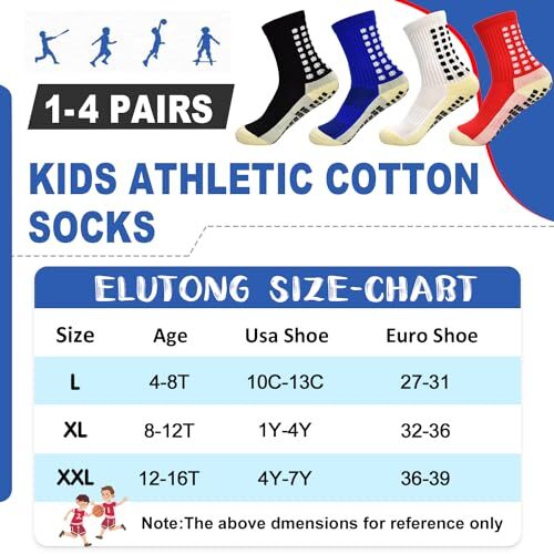 ELUTONG Kids Grip Soccer Socks Anti 8-12 Years #3 Black+red+white+blue(4 Pairs) - Picture 7 of 8