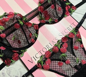 Victoria's Secret Embroidered Low-Cut Demi Bra Thong Set Black Cherries