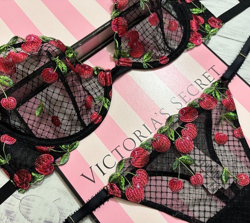 Victoria's Secret Embroidered Low-Cut Demi Bra Thong Set Black Cherries - Picture 2 of 5