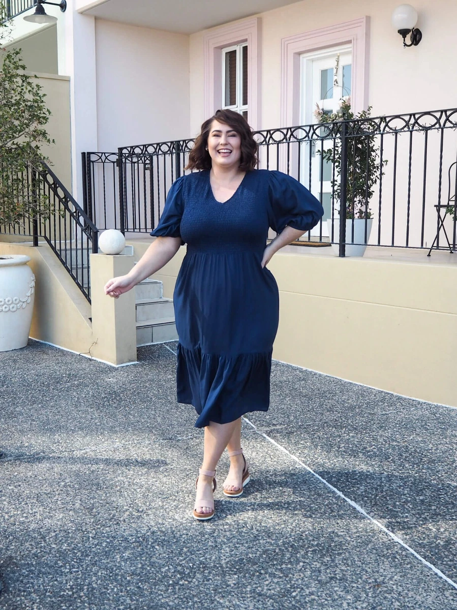 Navy Plus Size Midi Dress with blouse sleeves and stretchy shirred