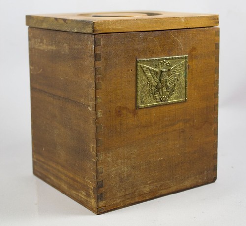 Vintage Nesting Wood Canister Set Brass Eagle Emblem Dovetail Joints AS IS - Imagen 14 de 16