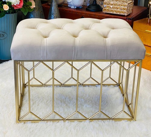 Premium Tufted button velvet ottoman with Metal Gold base Beige seat - Picture 16 of 21