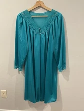 Shadowline Vintage Silky Nylon Peacock Blue Nightie Gown Lingerie Peignoir Large