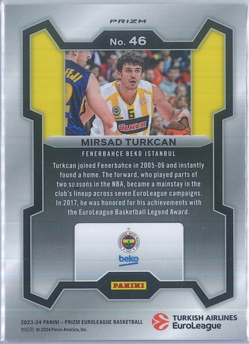 2023-24 Panini Prizm Euroleague Basketball Mirsad Turkcan Basketball Prizm #46 - Picture 3 of 3