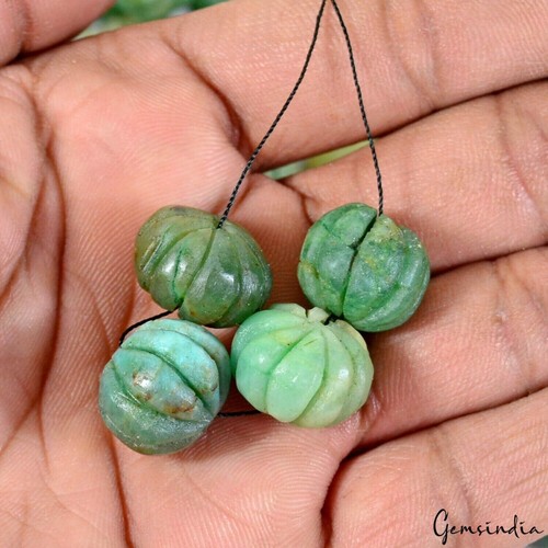 Emerald 2000 Ct Natural Brazilian Green Drilled Carved Melon Beads Lot 14-17mm - Picture 8 of 8