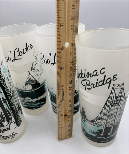 Vintage Michigan Souvenir Frosted Glasses Tumblers 1 Mackinac, 2 Soo Locks 1Pine - Picture 3 of 10