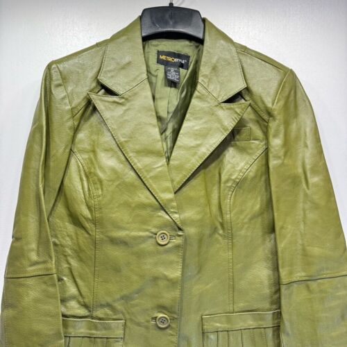Vintage Y2K Echtleder olivgrün Blazer Jacke von Metrostyle Knopfleiste - Bild 2 von 9
