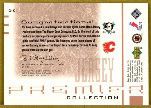 2001-02 UD Premier Collection #DKI Paul Kariya & Jarome Iginla DUAL JERSEY /100 - Picture 2 of 2