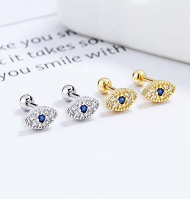 Tiny EVIL EYE SCREW BACK STUD EARRINGS BLUE WHITE CZ 925 STERLING