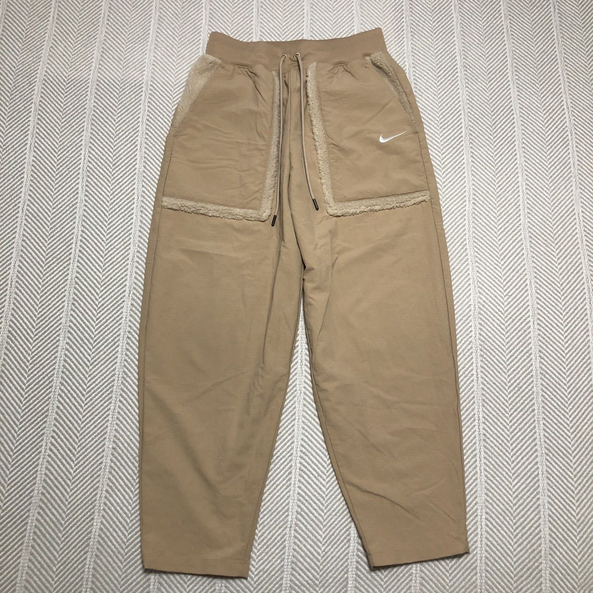 Nike Womens Pants High Rise Jogger Loose Fit Sherpa Trim Tan Size Small