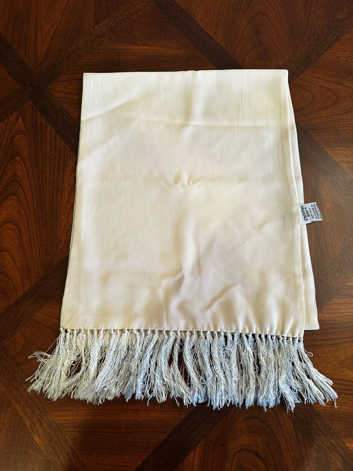 Foulard long vintage Christian Dior rectangulaire en soie 10 x 58 avec franges