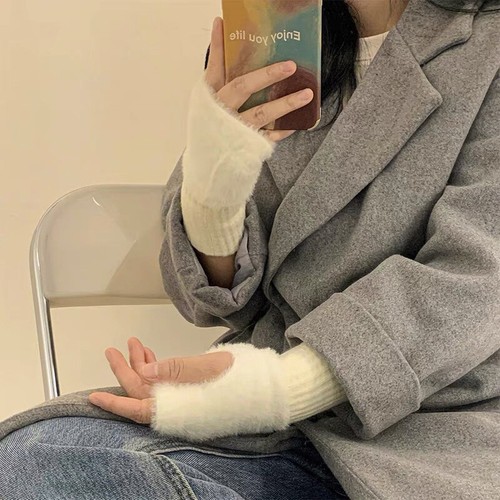 Knitted Fingerless Gloves Mens Womens Soft Plush Warm Winter Half Finger Mittens - Picture 13 of 21