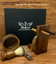 MEN'S WOODEN WET CUT THROAT STRAIGHT RAZOR SHAVING SET KIT IN GIFT BOX 4