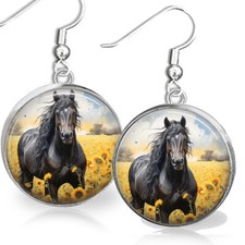 Caballo Negro Semental Girasoles Acuarela Arte Impresión Caballo Amante Regalo Pendientes