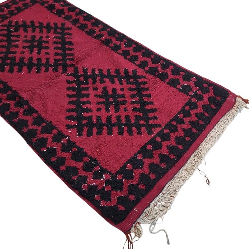 Vibrant Moroccan Handmade Maroon Red Rug Black Motif Fringe Berber Wool Carpet - Picture 21 of 24