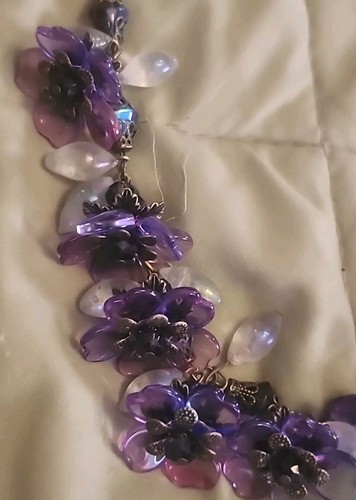Big Beautiful Glass Work Purple Floral Necklace Rhinestone Leaf Heavy 18" - Picture 6 of 15