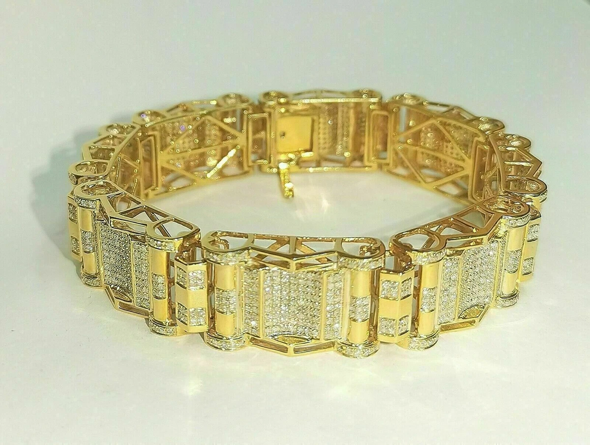 10.00Ct Men s Round Cut Lab Created Diamond Bracelet 14k Yellow