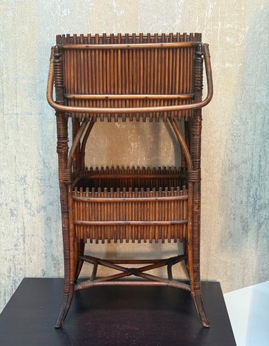 Vintage Mid-Century Rattan Bamboo Two-Tier Stand with Lid – Boho Woven Storage - Picture 2 of 11