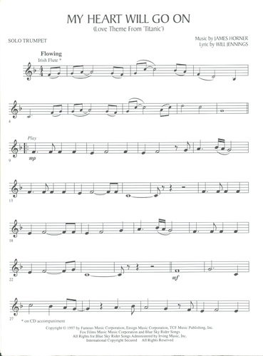 My Heart Will Go On Flute Clarinet Sax Trumpet Trombone Horn Sheet Music w/ CD - Picture 4 of 5