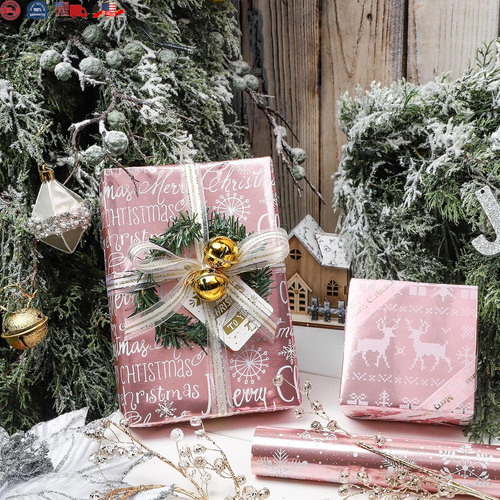 Christmas Wrapping Paper Rolls - 17 Inches X 10 Feet per Roll 3 Rolls - Pink De - Picture 4 of 12
