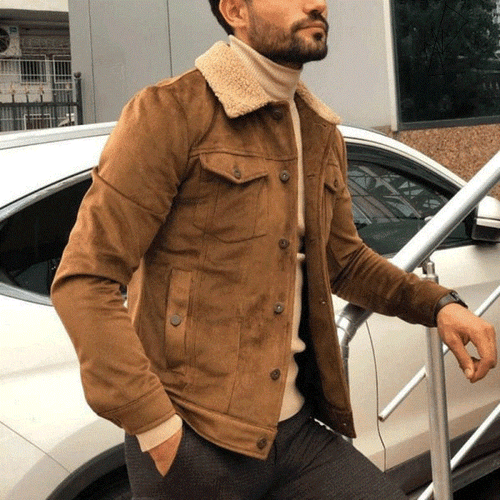 Denim Style Men's Fur Collar Brown 