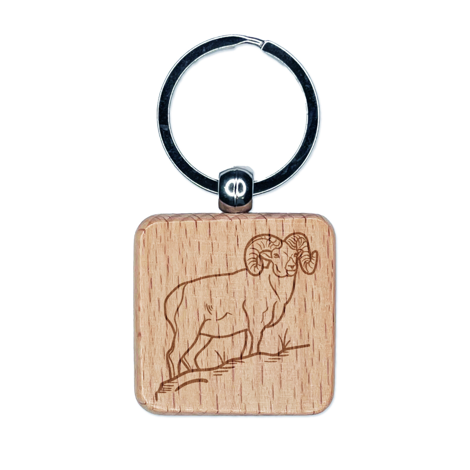 Bighorn Sheep Ram Engraved Wood Square Keychain Tag Charm