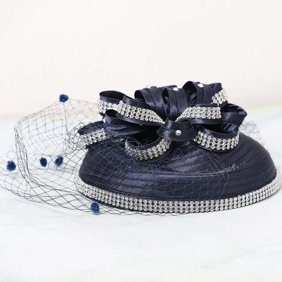 Темно-синяя шляпа Fascinator для женщин Атласная ткань Дерби Чай Церковные шляпы Цветочная вуаль - Изображение 4 из 4