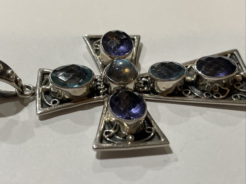 Sterling Silver Nicky Butler Multi Gemstone Blue Large Cross Pendant (15.36 Gr) - Picture 7 of 7