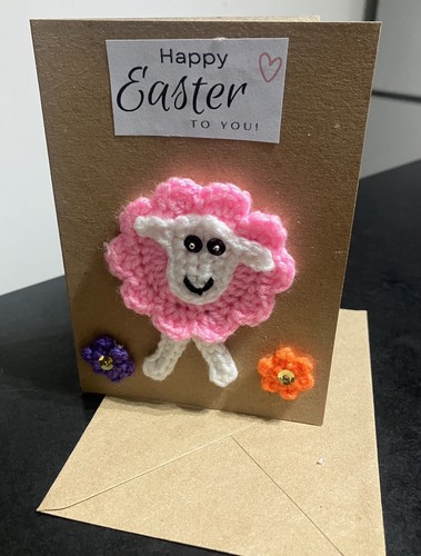 π πΊ NEW Cute Hand Crochet Easter Lamb card & Envelope Sheep flower sequins - Picture 5 of 5