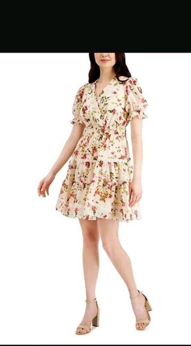 Taylor Womens Sz 6P Puff Sleeve Lace-Trim Smocked Floral Milkmaid Dress