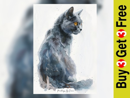Elegant Grey Cat Watercolor Painting Print 5"x7" on Matte Paper - Picture 1 of 7