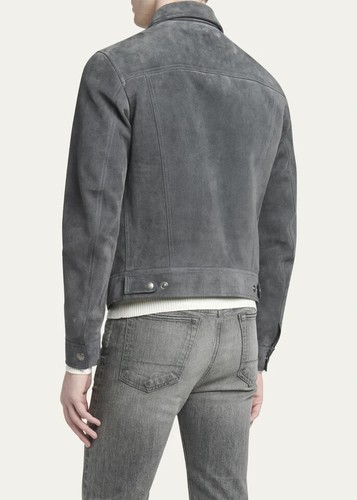 Neu Herren Jacke Wildleder grau Leder Handarbeit echtes Lammfell stilvoll Biker weich - Bild 3 von 7