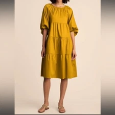 Trina Turk Cassia Everglade Gold Cotton Balloon 3/4 Sleeve Tiered Midi Dress Med