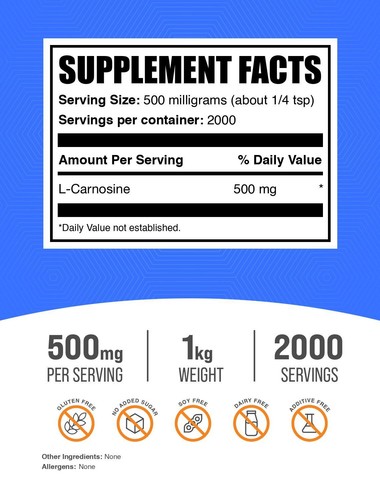 Polvo BulkSupplements L-carnosina - Aumentar la energía - 500 mg por porción - Imagen 16 de 16