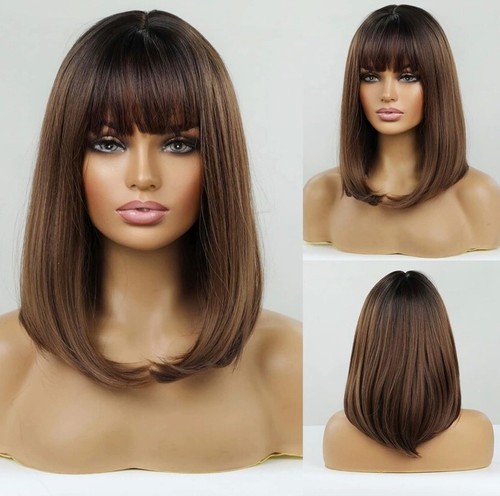 Emmor Ombre Brown Long Bob Wig 40cm Straight with Fringe Neat Bangs - Picture 6 of 10