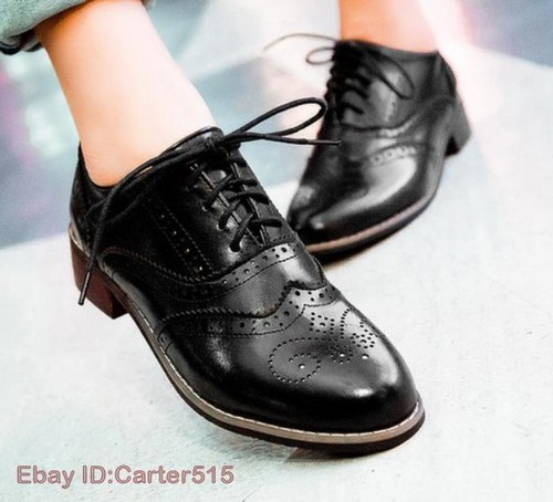 Damenschuhe Brogue Retro kubanische Oxford-Schuhe niedriger Absatz Freizeit Schnürschuhe College-Schuhe - Bild 23 von 29
