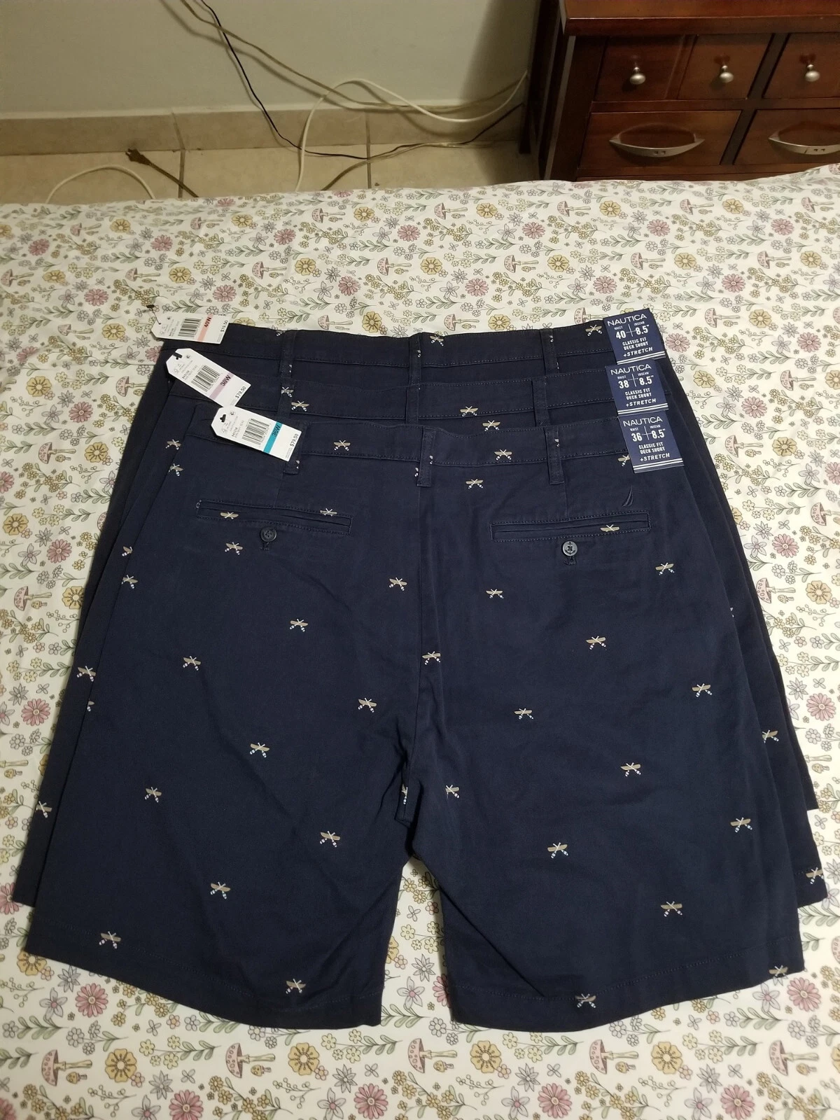 Nautica 8.5" Stretch Paddle Boat Print Twill Navy Blue Deck Shorts Size 36 38 40