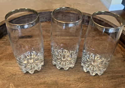 Vintage Pasabahce Circleware High Ball Glasses Silver Rim 12oz Set of 3