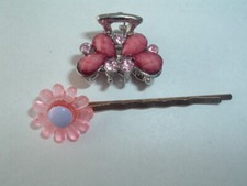 VINTAGE SMALL PINK RHINESTONE HAIR CLAW CLIP  FLOWER BOBBY PIN HAIR ACCESSORY