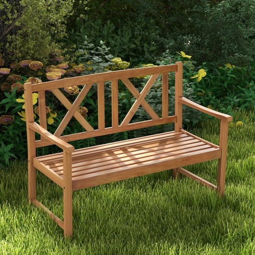 47.5" Acacia Wood Outdoor Garden Bench Chair 2-Person w/ Cozy Armrest & Backrest - Picture 4 of 10