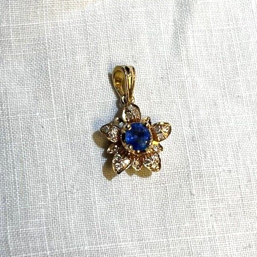 18K Sapphire Natural Diamond Solid Yellow Gold Flower Pendant - Picture 3 of 6
