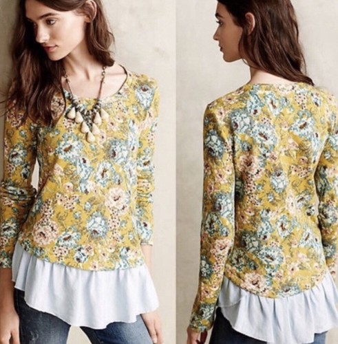 Anthropologie Lilka Goldenrod Floral Ruffled Pullover Peplum Knit Top Gold Sz M - Picture 12 of 12
