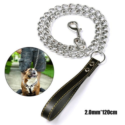 Heavy Duty Metal Chain Dog Lead With Leather Handle Long Strong Control Leash - Picture 5 of 13