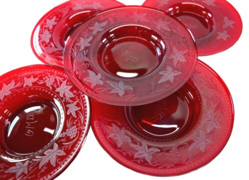 SET of 5 DESSERT BOWLS, CRANBERRY RED, ETCHED GRAPEVINES W/ INITIALS, STUNNING - Picture 4 of 12