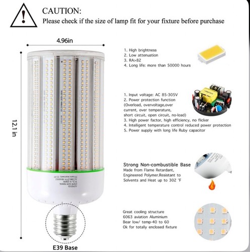 250W LED Corn Light Bulb E39 Mogul Base Warehouse Street Parking Lot Light 5000K - Picture 3 of 4